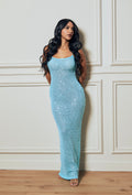 The Azure, sky blue sequin maxi dress, front